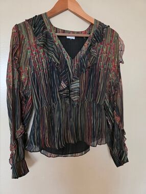 Ecru Sheer Ruffle Blouse Top S Floral & Stripe Boho Peplum Romantic Feminine
